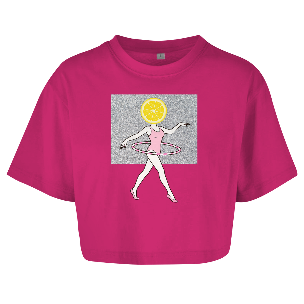 Women's Oversize Crop Top – Zesty Moves: Lemon Slice Gymnast Illustration