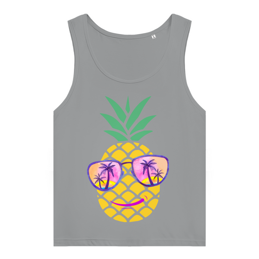 Women’s Premium Organic Tank Top – Summer Pineapple with Sunglasses & Palm Sunset Design