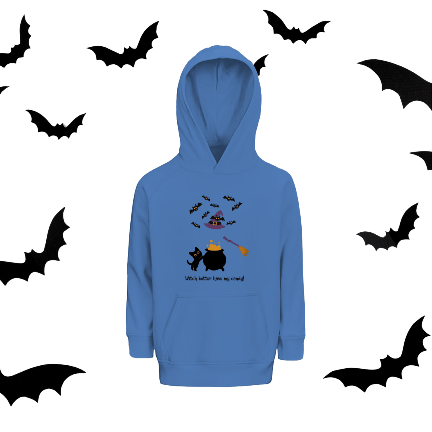 Kids’ Halloween Hoodie – Witch Hat, Bats, Cauldron & Black Cat