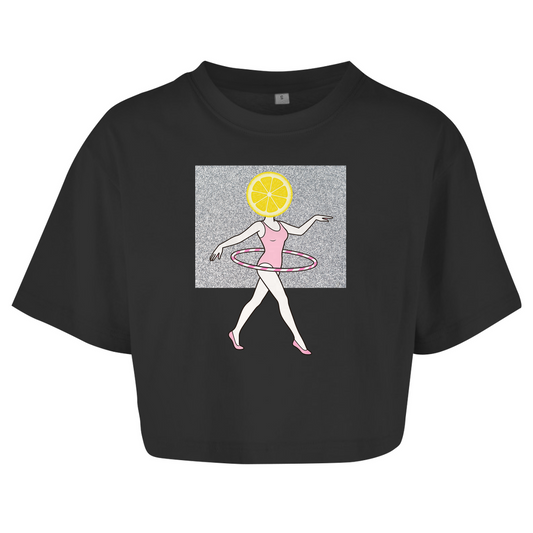Women's Oversize Crop Top – Zesty Moves: Lemon Slice Gymnast Illustration