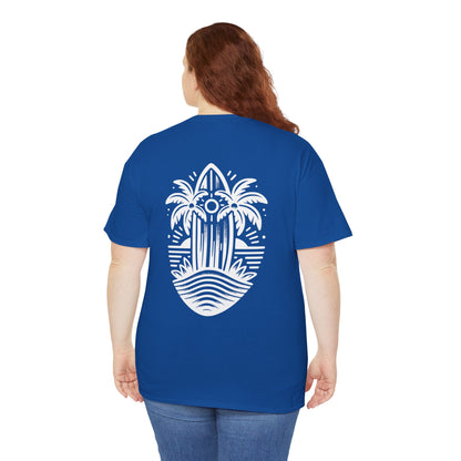 Surfboard & Palm Trees T-Shirt: Ride the Waves in Style - Gildan 5000