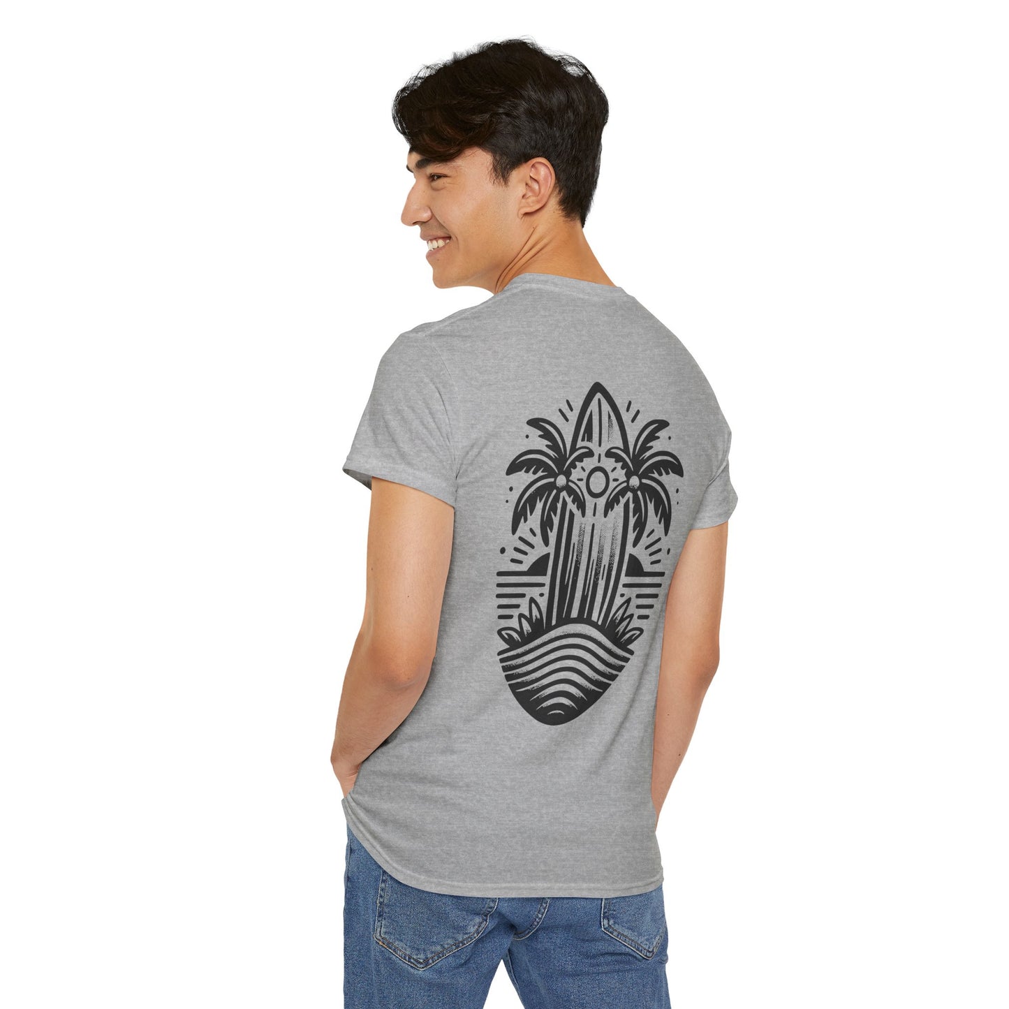 Surfboard & Palm Trees T-Shirt: Ride the Waves in Style - Gildan 5000