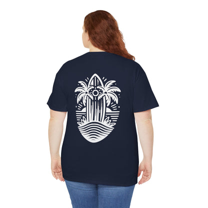 Surfboard & Palm Trees T-Shirt: Ride the Waves in Style - Gildan 5000