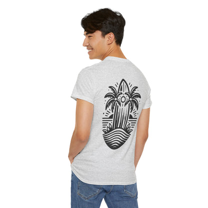 Surfboard & Palm Trees T-Shirt: Ride the Waves in Style - Gildan 5000