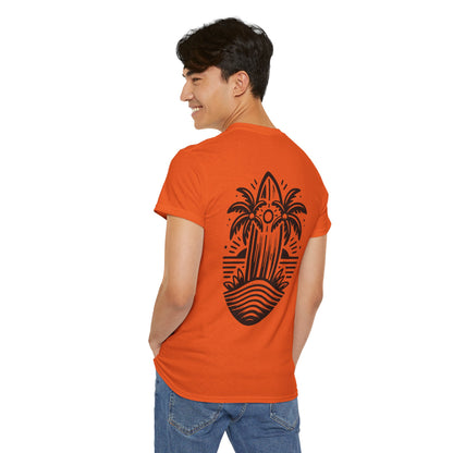 Surfboard & Palm Trees T-Shirt: Ride the Waves in Style - Gildan 5000