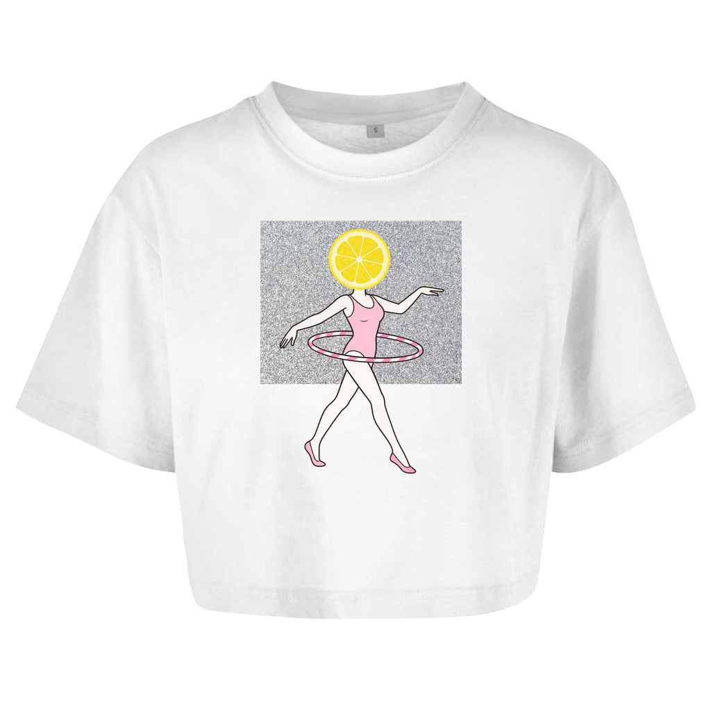Women's Oversize Crop Top – Zesty Moves: Lemon Slice Gymnast Illustration