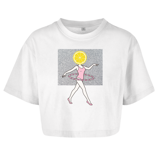 Women's Oversize Crop Top – Zesty Moves: Lemon Slice Gymnast Illustration