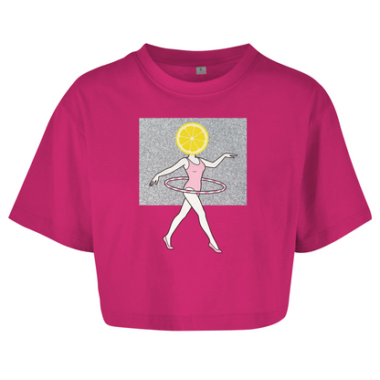 Women's Oversize Crop Top – Zesty Moves: Lemon Slice Gymnast Illustration