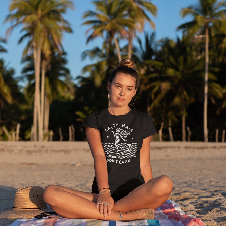 Minimalist Beach Lover's Surf Tee with 'Salty Hair, I Don't Care' Slogan - Bella+Canvas