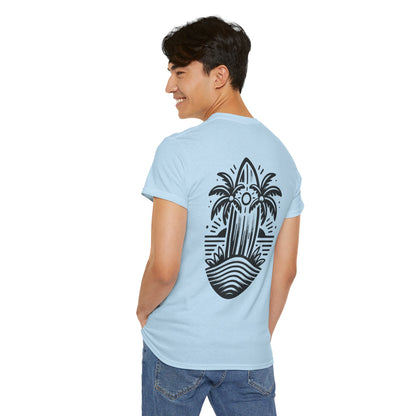 Surfboard & Palm Trees T-Shirt: Ride the Waves in Style - Gildan 5000