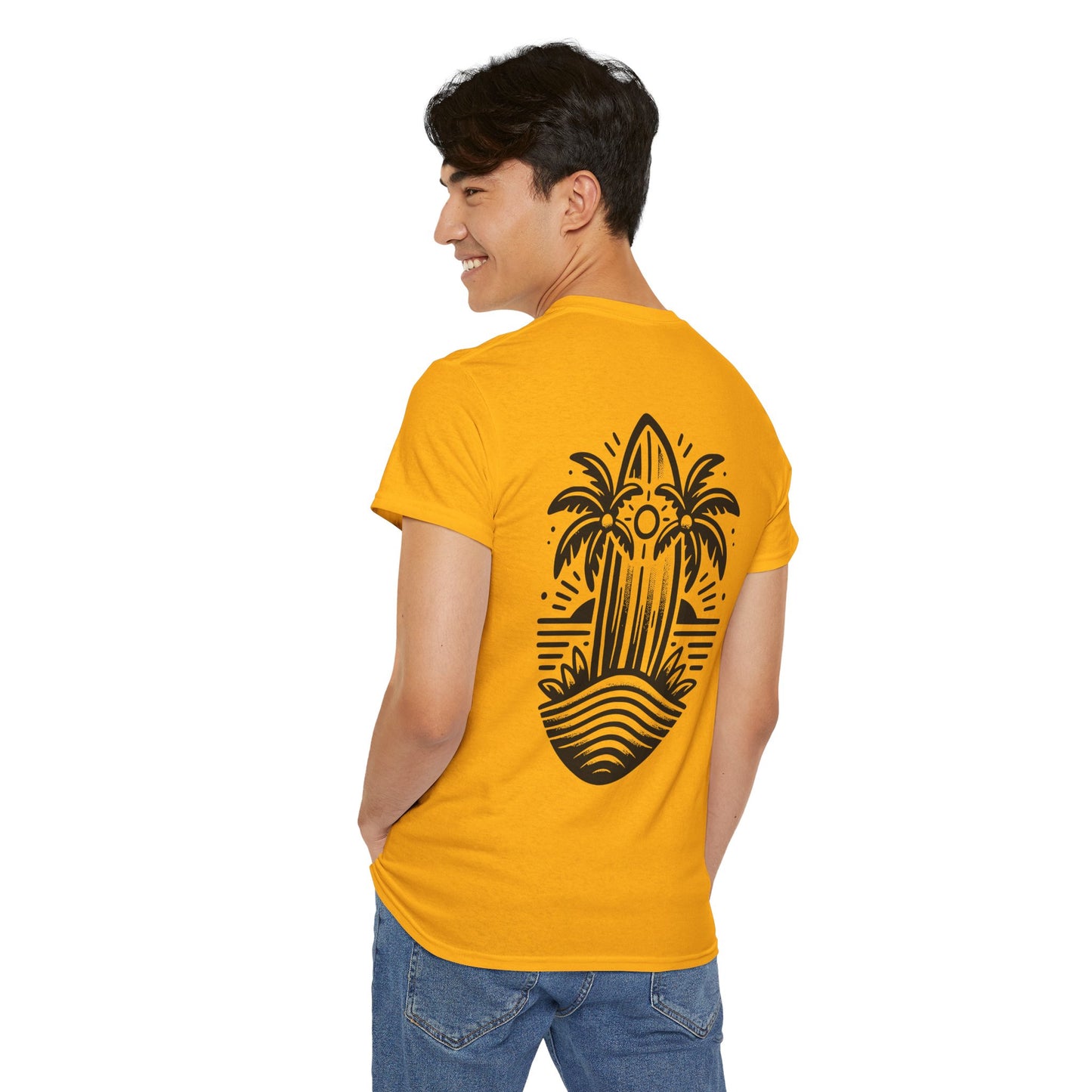 Surfboard & Palm Trees T-Shirt: Ride the Waves in Style - Gildan 5000