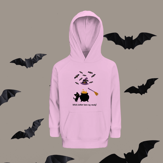 Kids’ Halloween Hoodie – Witch Hat, Bats, Cauldron & Black Cat
