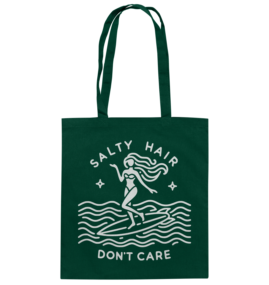 Stylish cotton bag for beach lovers with summery design and "Salty Hair, I Don't Care" slogan.