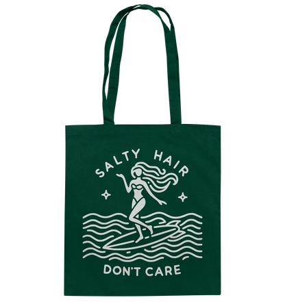 Stylish cotton bag for beach lovers with summery design and "Salty Hair, I Don't Care" slogan.