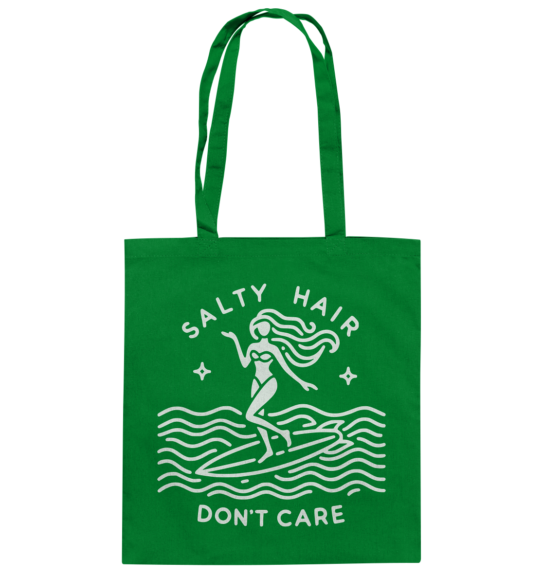 Stylish cotton bag for beach lovers with summery design and "Salty Hair, I Don't Care" slogan.