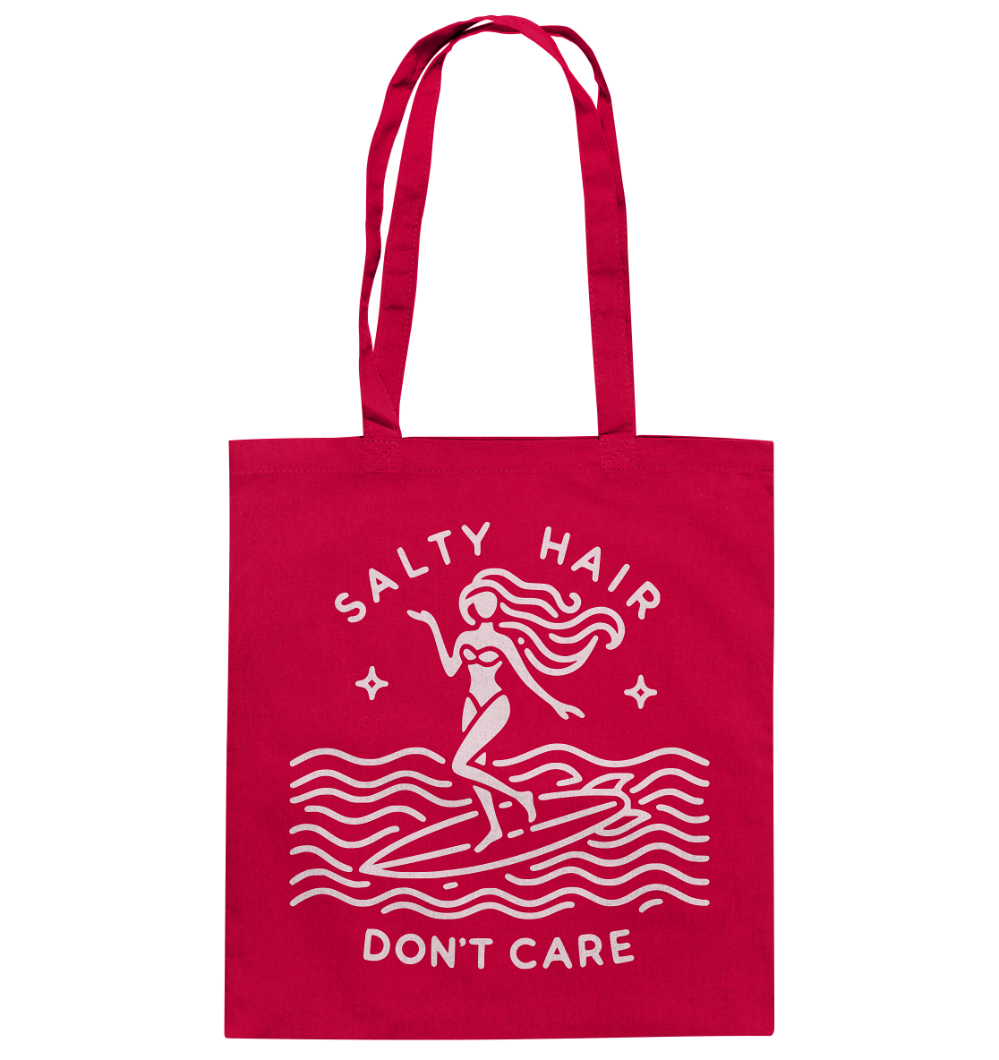 Stylish cotton bag for beach lovers with summery design and "Salty Hair, I Don't Care" slogan.