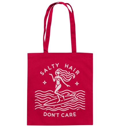 Stylish cotton bag for beach lovers with summery design and "Salty Hair, I Don't Care" slogan.